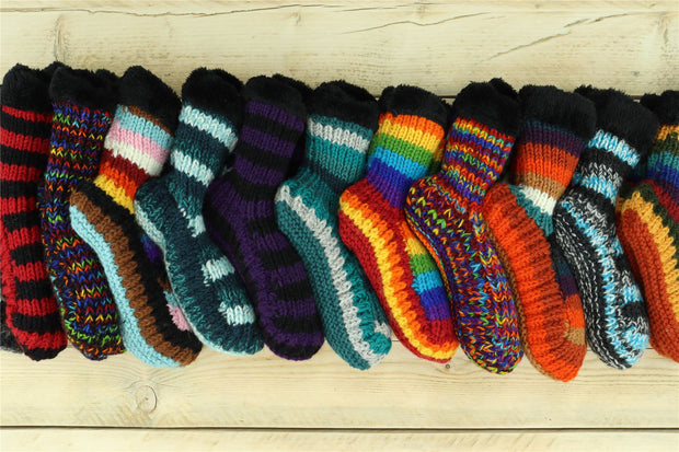 Hand Knitted Wool Slipper Socks - Stripe Retro D