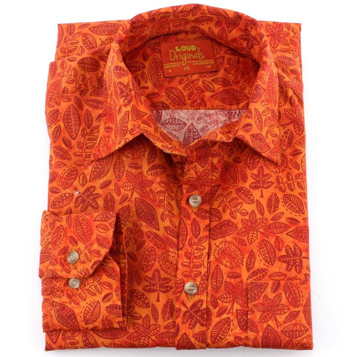 Tailored Fit Long Sleeve Shirt - Orange Geometric Leaves
