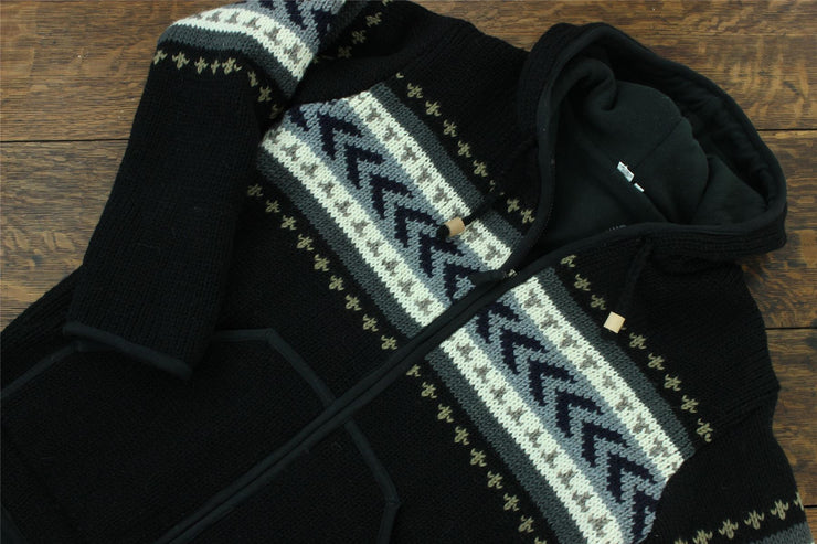 Wool Knit Chevron Hooded Jacket - Black