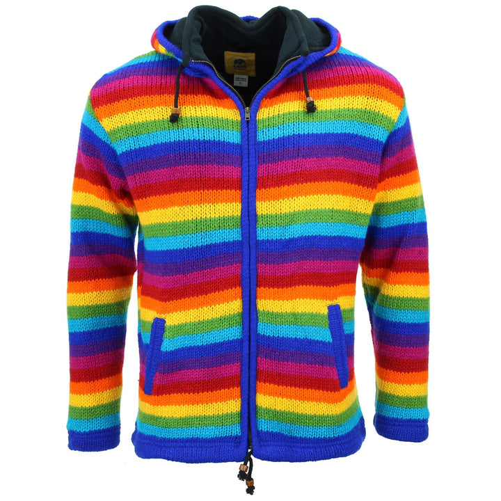 Hand Knitted Wool Hooded Jacket Cardigan - Stripe Bright Rainbow
