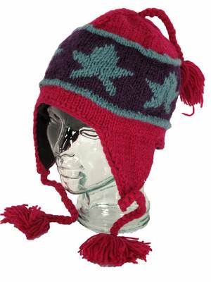 Wool Knit Earflap Tassel Hat - Star Maroon