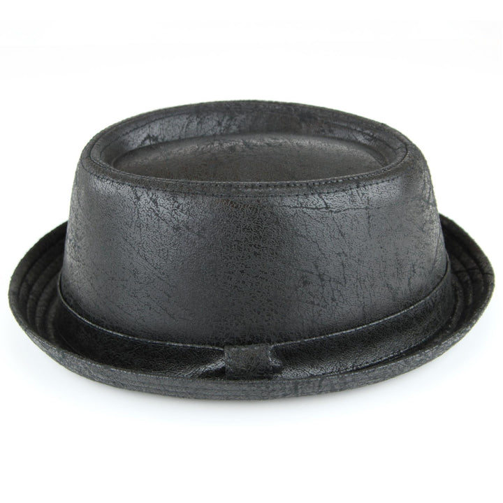 Distressed Leather Effect Pork Pie Hat - Black