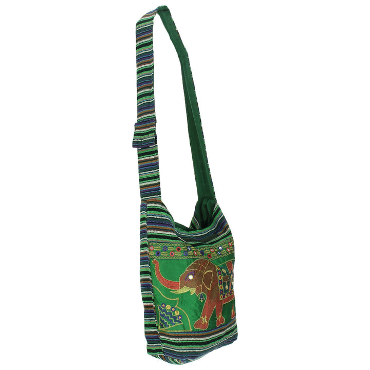 Embroidered Elephant Canvas Sling Shoulder Bag - Green Purple