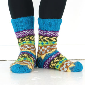 Chaussettes chaussons laine tricotées main doublées - chevron bleu