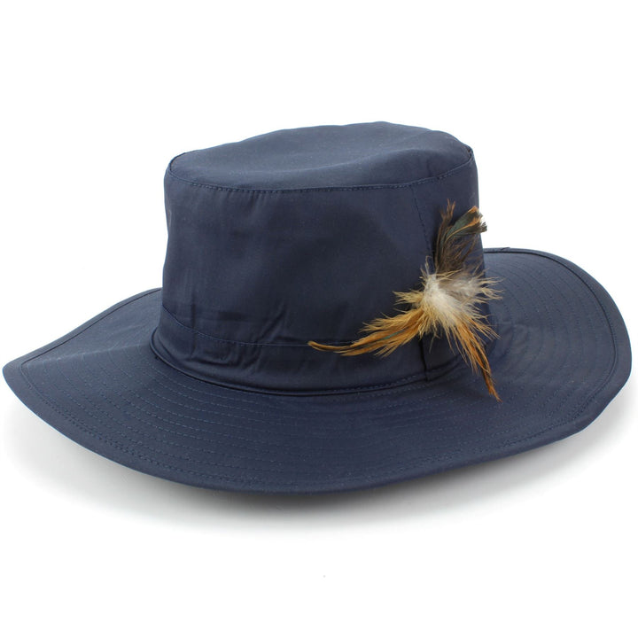 Wide Brim Outback Style Cotton Bush Hat with Feather - Blue