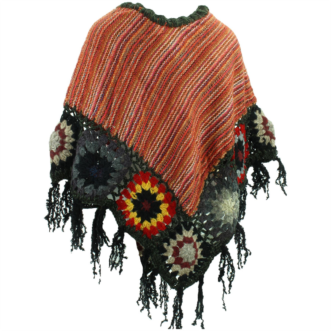 Granny Squares Crochet Poncho Short - Orange/Dark