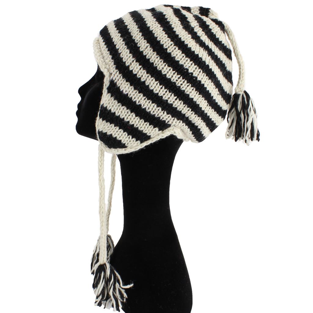 Wool Knit Earflap Tassel Hat - Stripe Cream Black