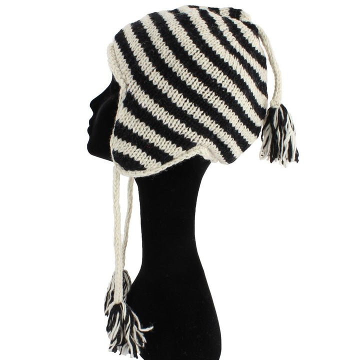 Wool Knit Earflap Tassel Hat - Stripe Cream Black