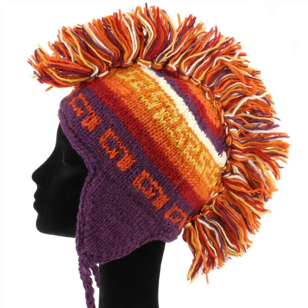 Wool Knit 'Punk' Mohawk Earflap Beanie Hat - Orange Rust (Adult)