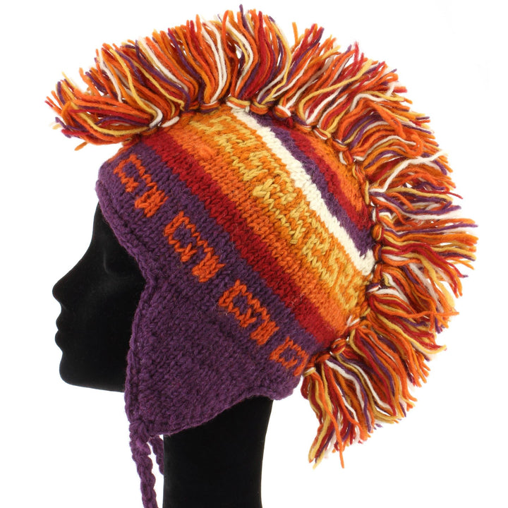 Wool Knit 'Punk' Mohawk Earflap Beanie Hat - Orange Rust (Adult)