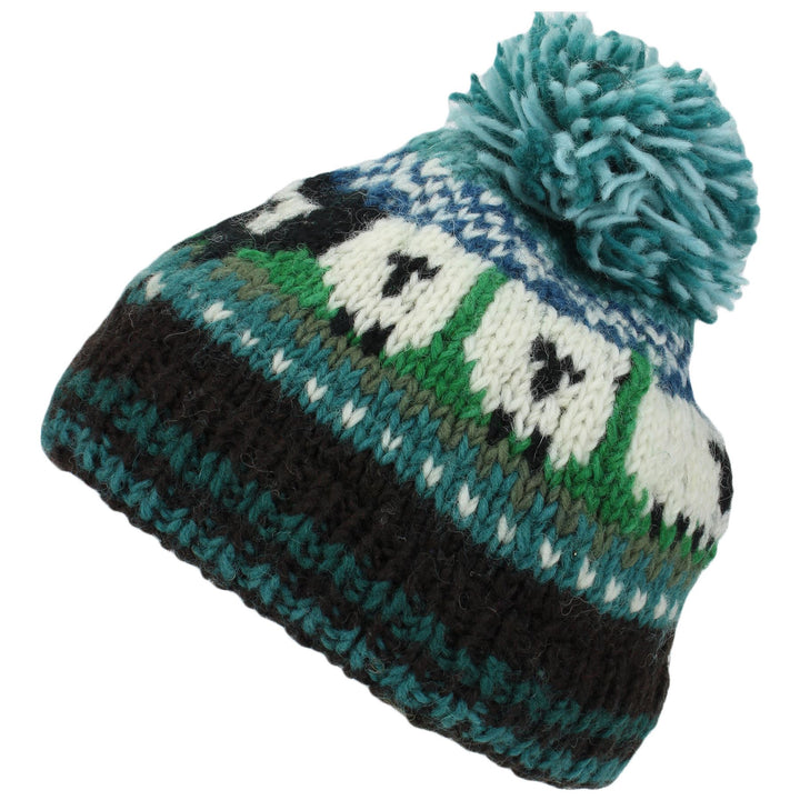 Wool Knit Bobble Beanie Hat - Sheep - Teal