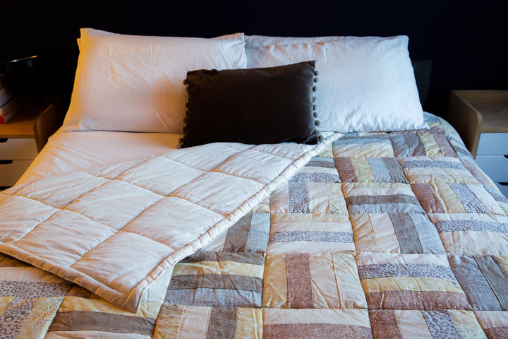 Handmade Quilted Patchwork Batik Printed Bedspread - Ivory