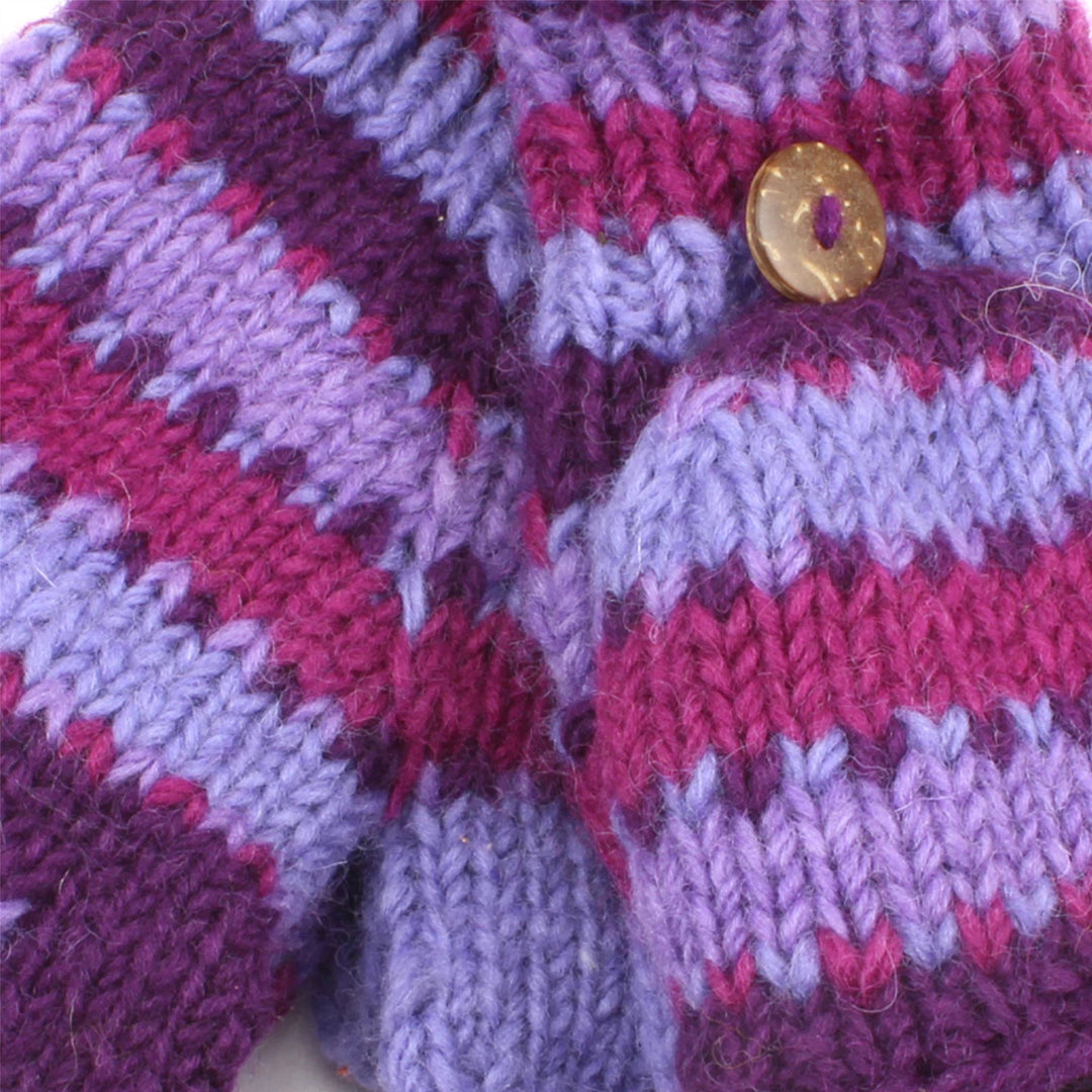 Chunky Wool Knit Fingerless Shooter Gloves - Stripe - Purple