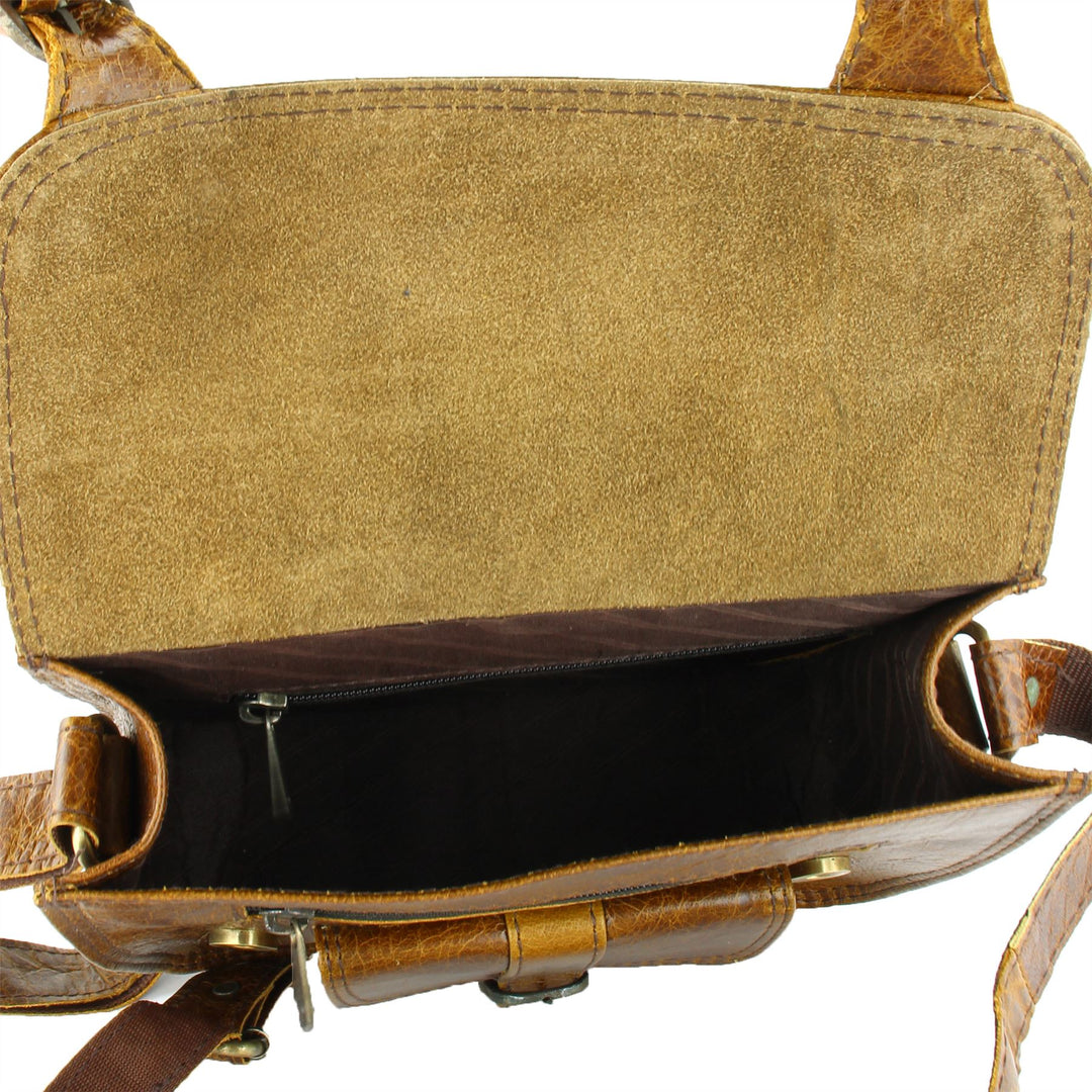 Real Leather Satchel with Front Pocket - Brown