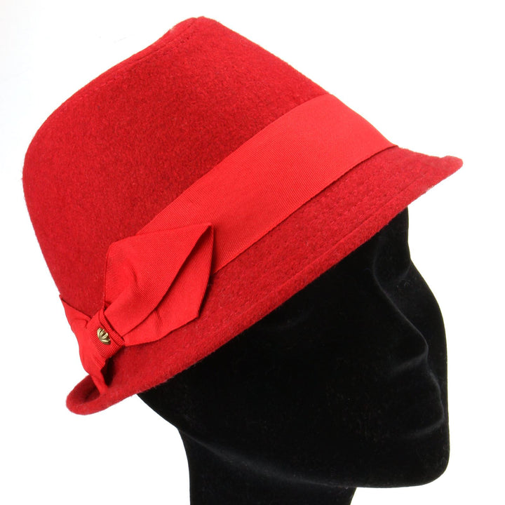 Wool trilby hat with short brim and large side bow - Red (57cm)