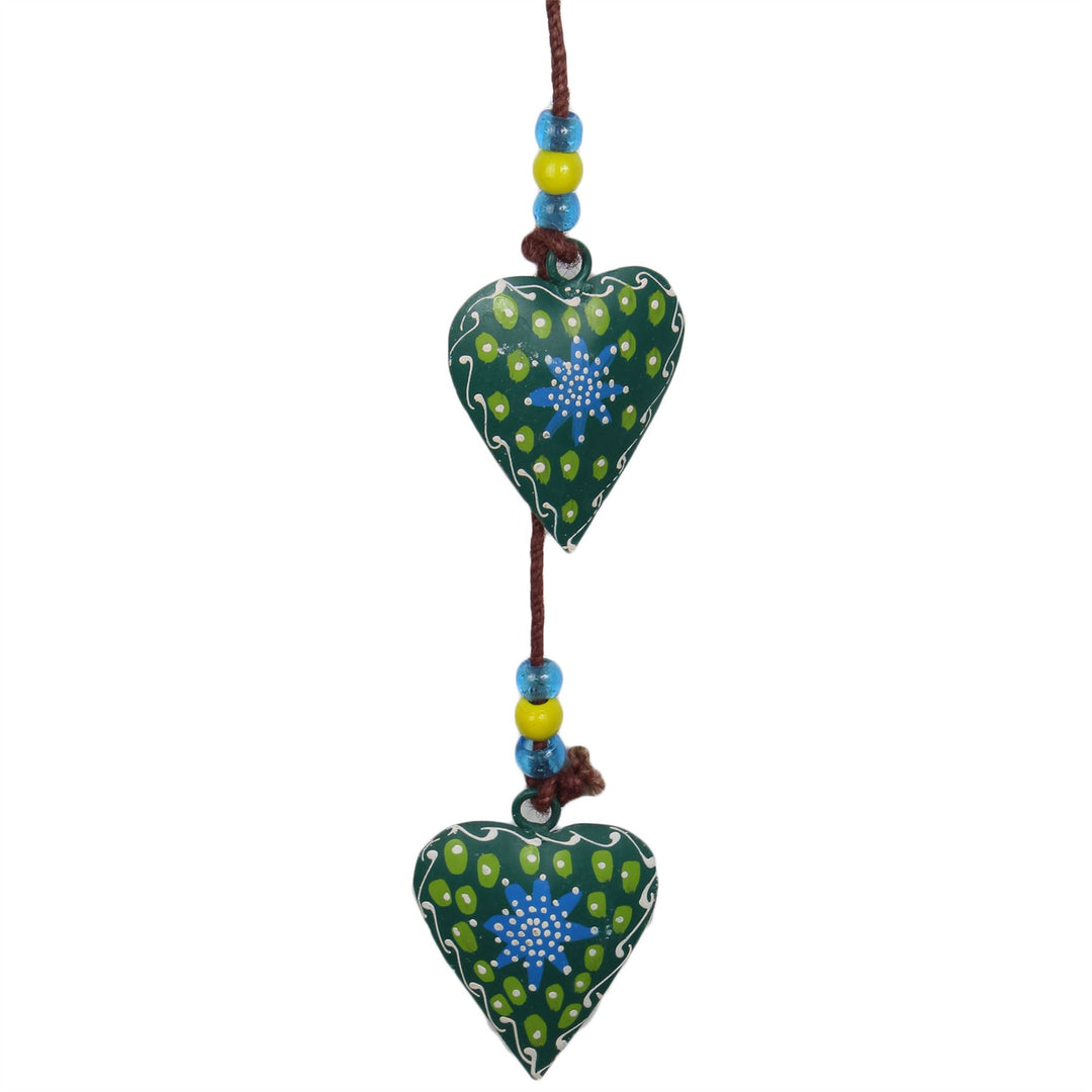 Hanging Mobile Decoration String of Hearts - Green - Brown String