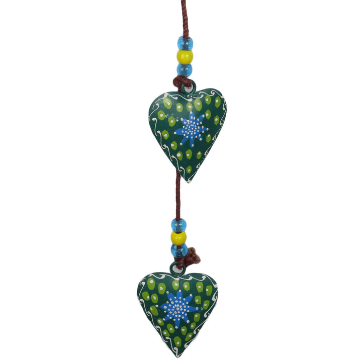 Hanging Mobile Decoration String of Hearts - Green - Brown String