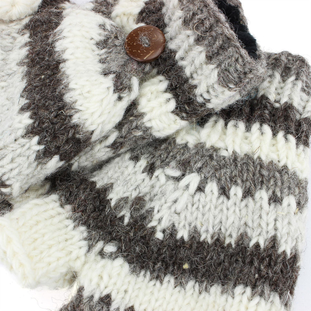 Chunky Wool Knit Fingerless Shooter Gloves - Stripe - Grey & White