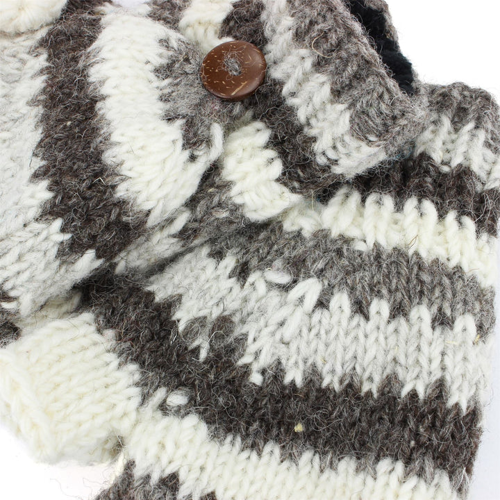 Chunky Wool Knit Fingerless Shooter Gloves - Stripe - Grey & White