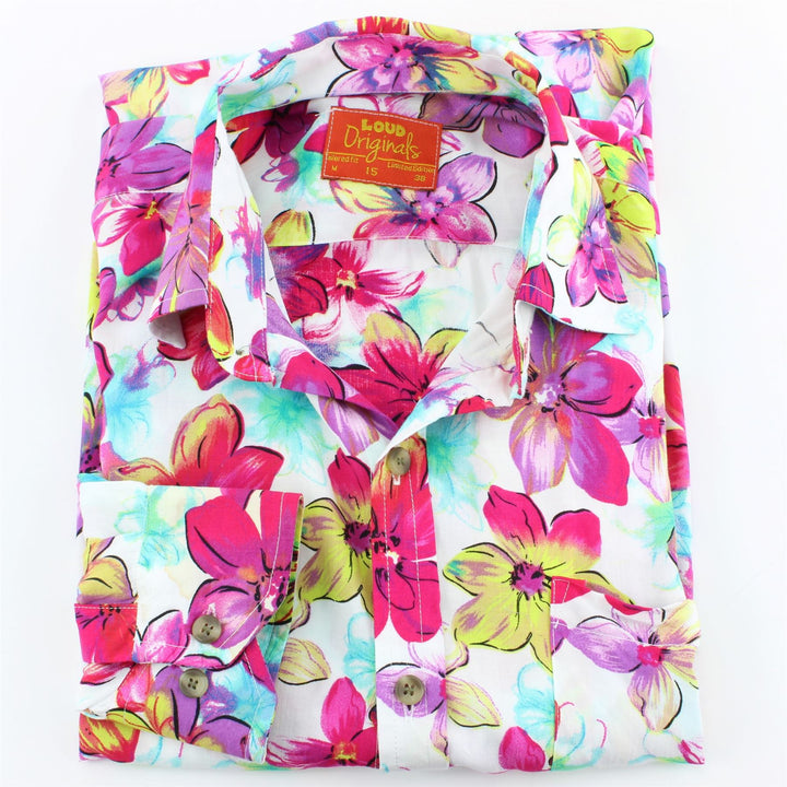 Tailored Fit Long Sleeve Shirt - Purple Red & Yellow Floral on White
