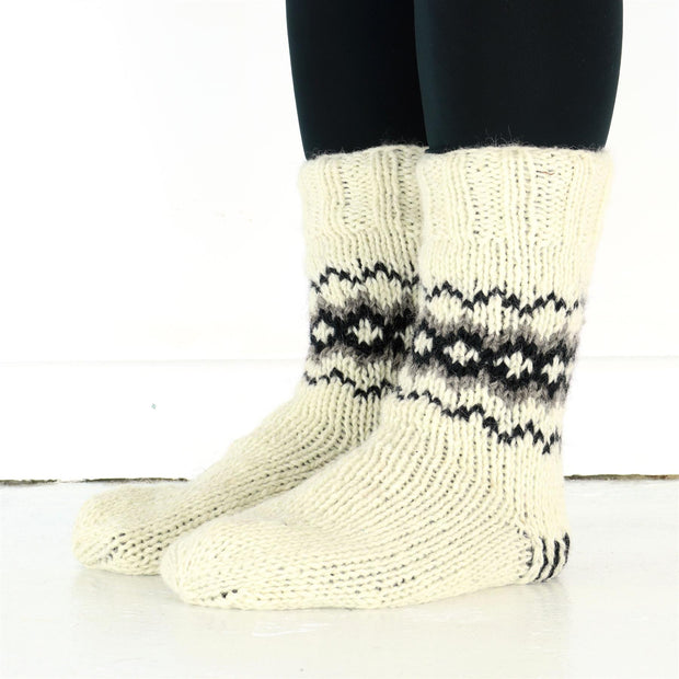 Hand Knitted Wool Slipper Socks Lined - Fairisle Cream