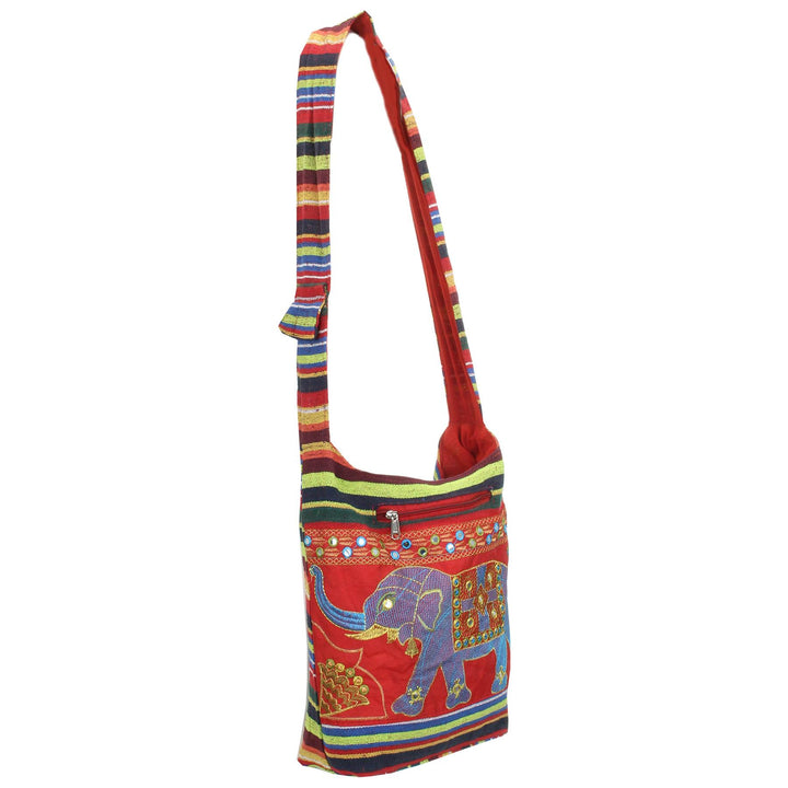 Embroidered Elephant Canvas Sling Shoulder Bag - Red