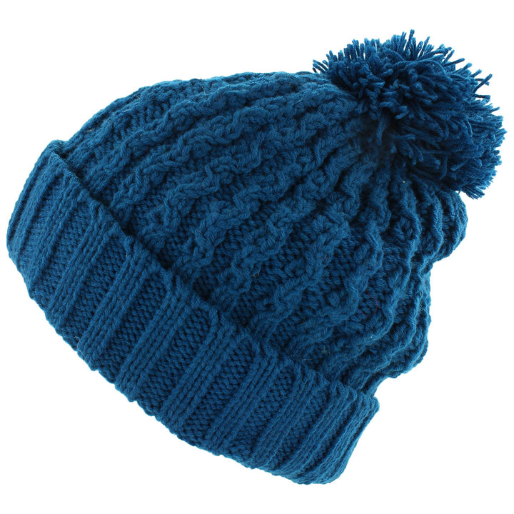 Cable Knit Bobble Beanie Hat - Blue
