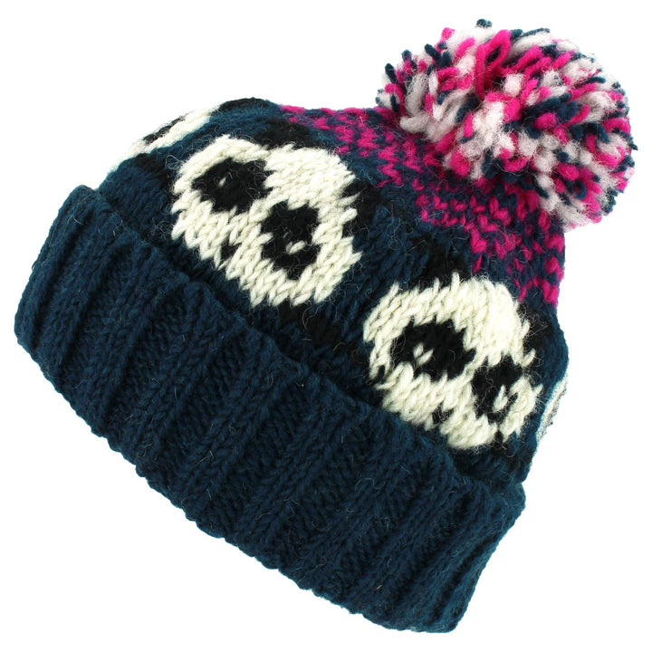 Wool Knit Bobble Beanie Hat - Panda - Teal Pink