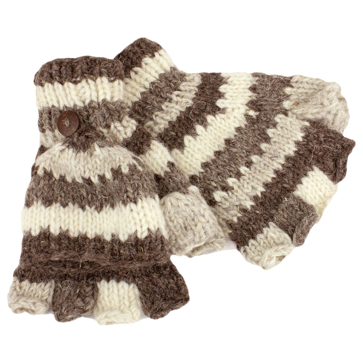 Chunky Wool Knit Fingerless Shooter Gloves - Stripe - Grey & White