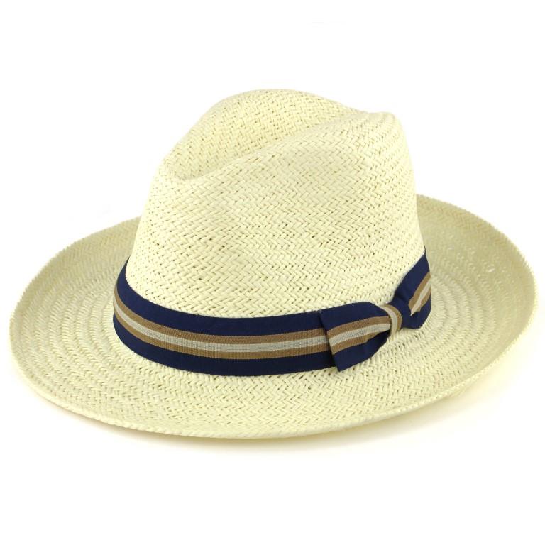 Wide Brim Straw Panama Fedora Hat  - Blue & Brown