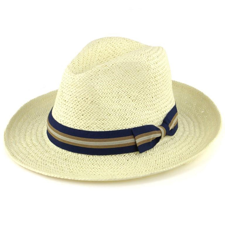 Wide Brim Straw Panama Fedora Hat  - Blue & Brown