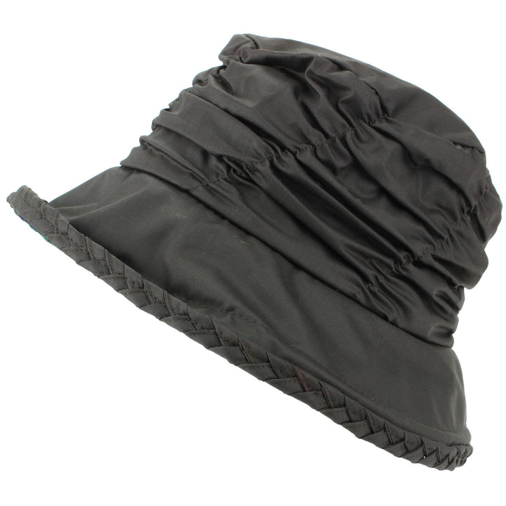 Ladies Water Resistant Wax Cloche Hat with Ruched Crown and Tartan Check Lining - Brown