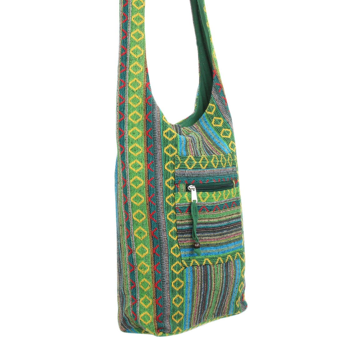 Diamond Pattern Canvas Sling Shoulder Bag - Green