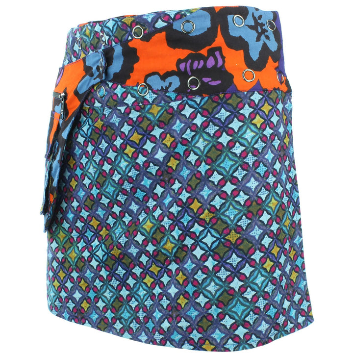 Reversible Popper Wrap Mini Skirt - Diamond Block / Ikat Floral