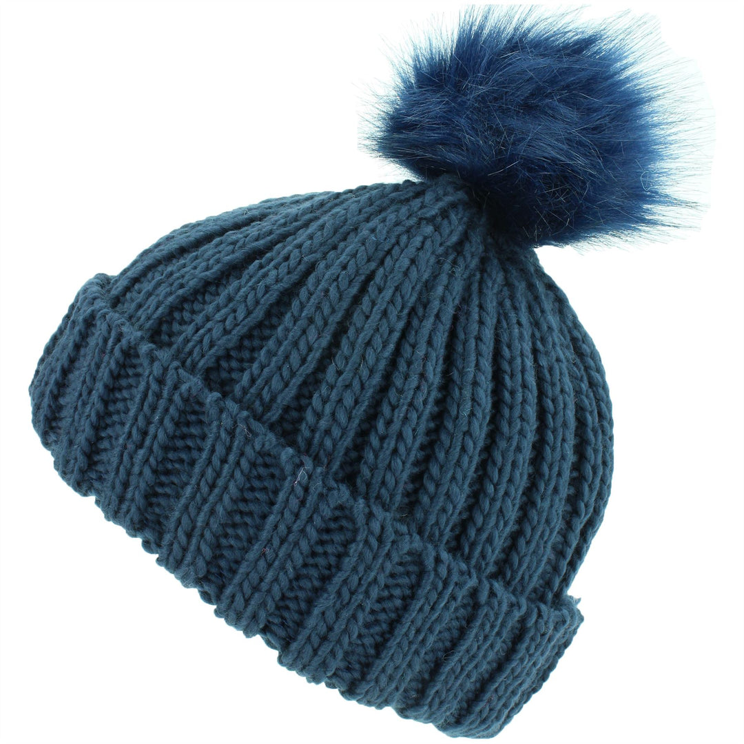 Chunky Knit Beanie Hat with Faux Fur Bobble - Navy