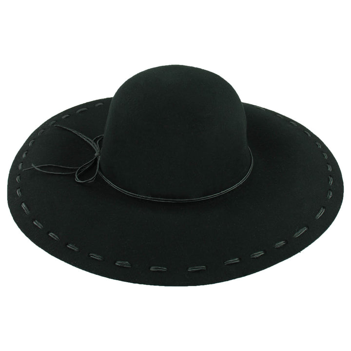 100% Wool felt wide brim floppy hat with cord band - Black (57cm)