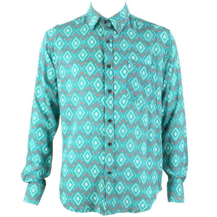 Regular Fit Long Sleeve Shirt - Green Aztec Diamonds