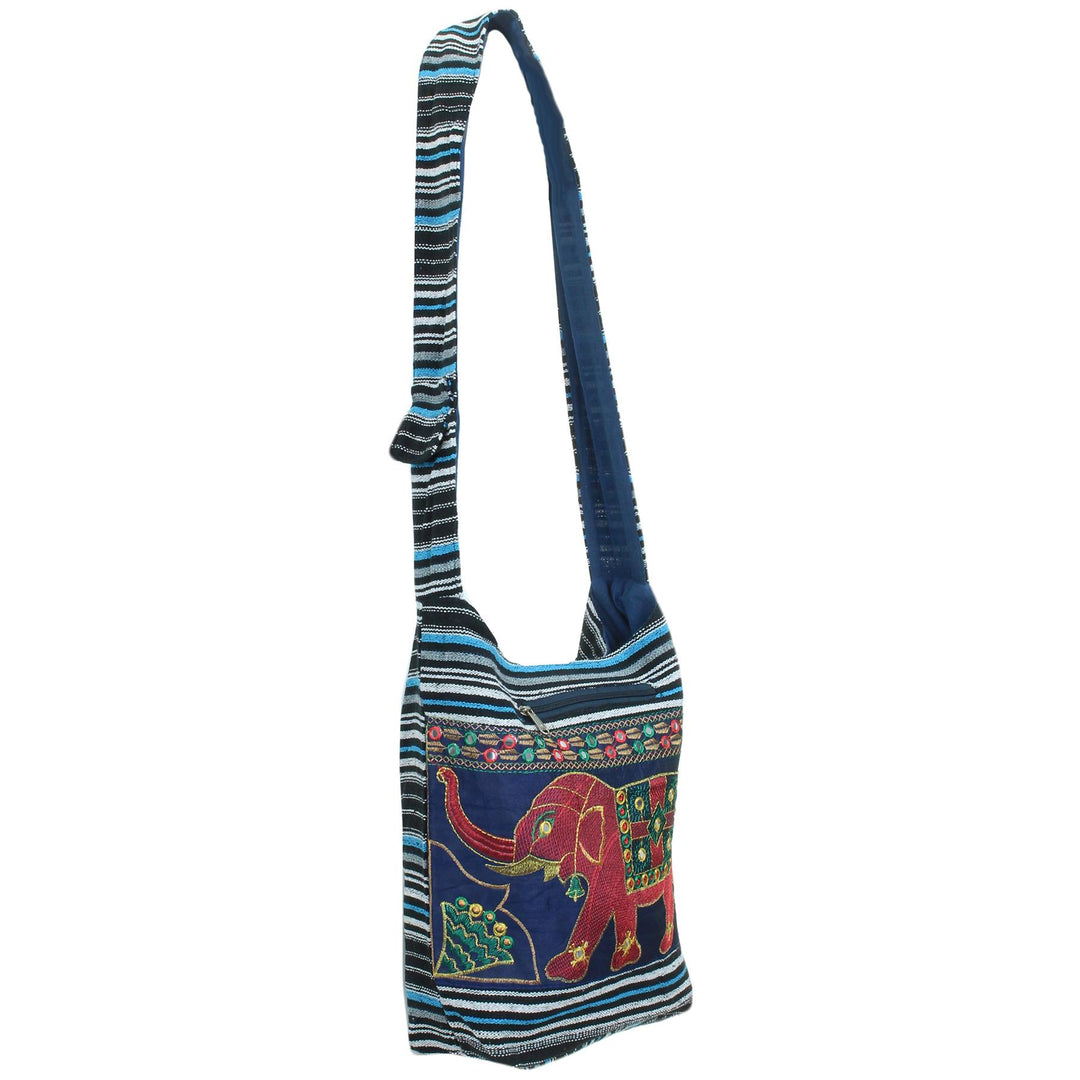 Embroidered Elephant Canvas Sling Shoulder Bag - Dark Blue
