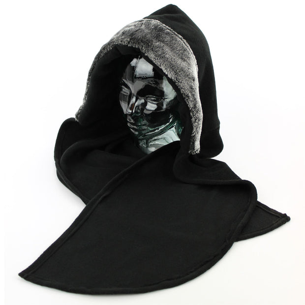Fleece Hood Hat Scarf with Silver Faux Fur Trim - Black