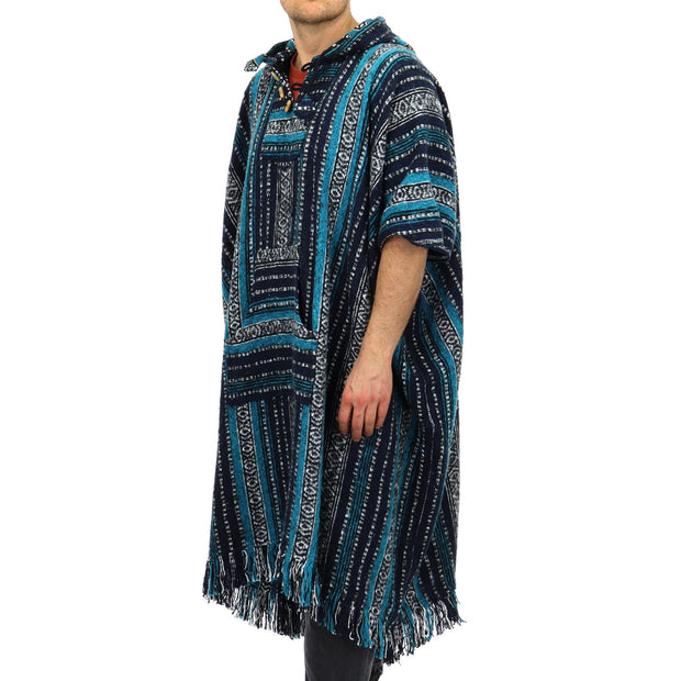 Brushed Cotton Long Hooded Poncho - Blue