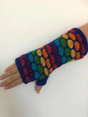 Wool Knit Fleece Lined  Wrist Warmers - Blue Rainbow Spot