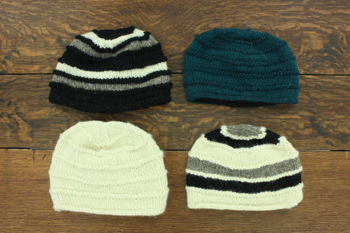 Hand Knitted Wool Beanie Hat - Stripe Cream Black