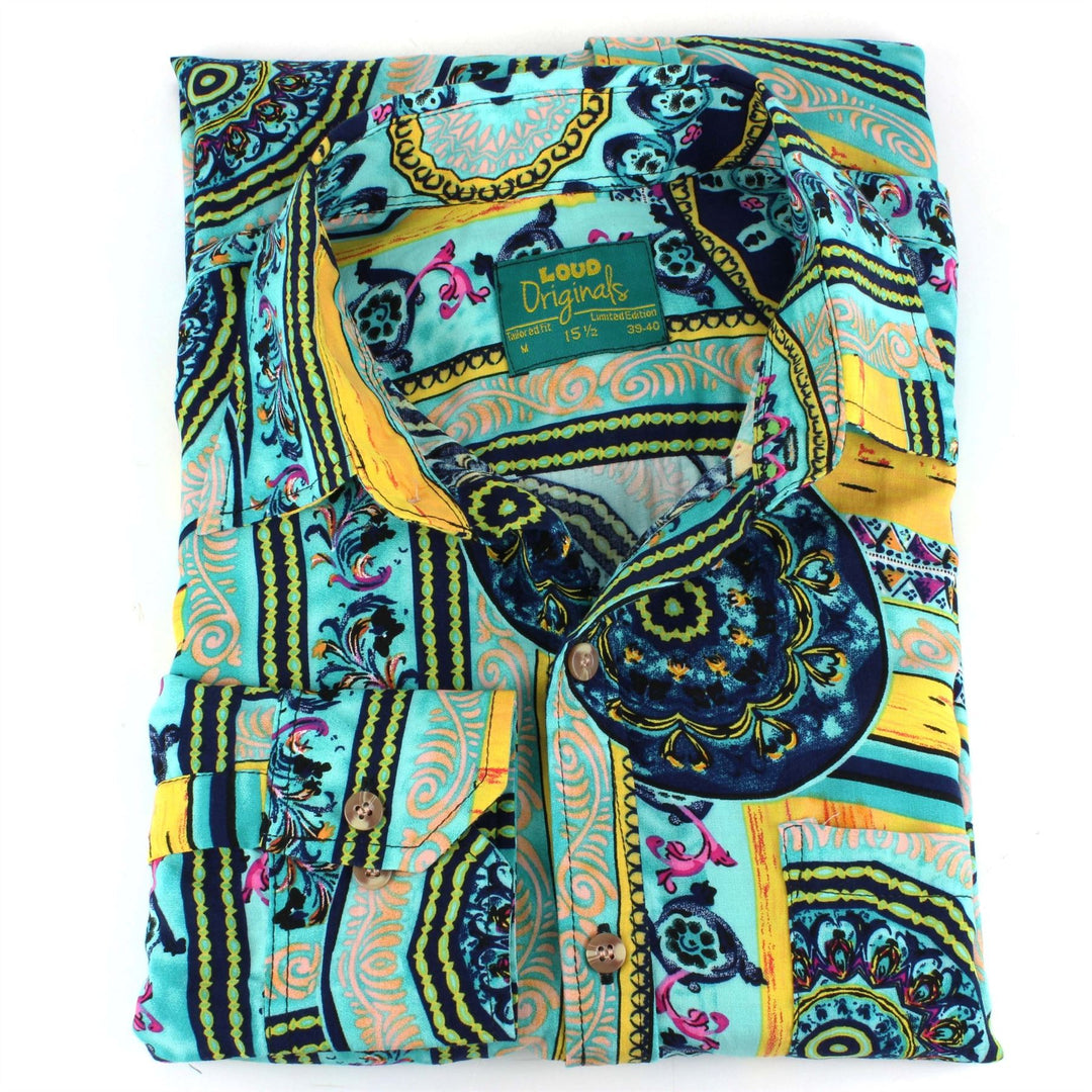 Tailored Fit Long Sleeve Shirt - Yellow Grey & Blue Abstract