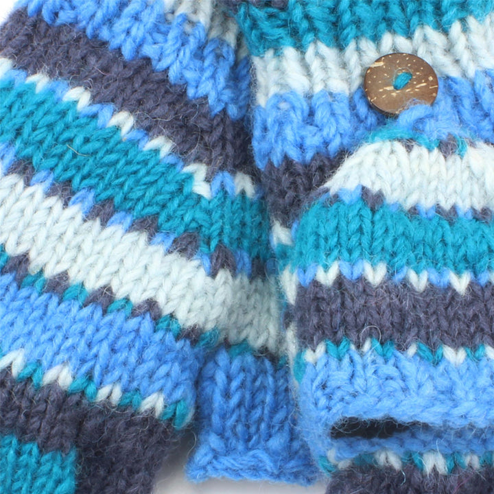 Chunky Wool Knit Fingerless Shooter Gloves - Stripe - Blue