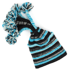 Hand Knitted Beanie Fountain Tassel Hat - SD Light Blue Charcoal