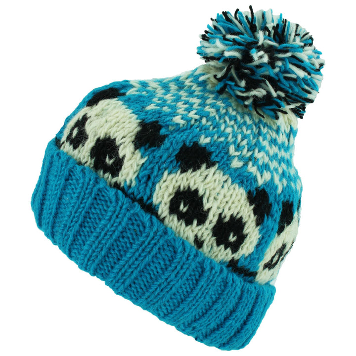 Wool Knit Bobble Beanie Hat - Panda - Blue White