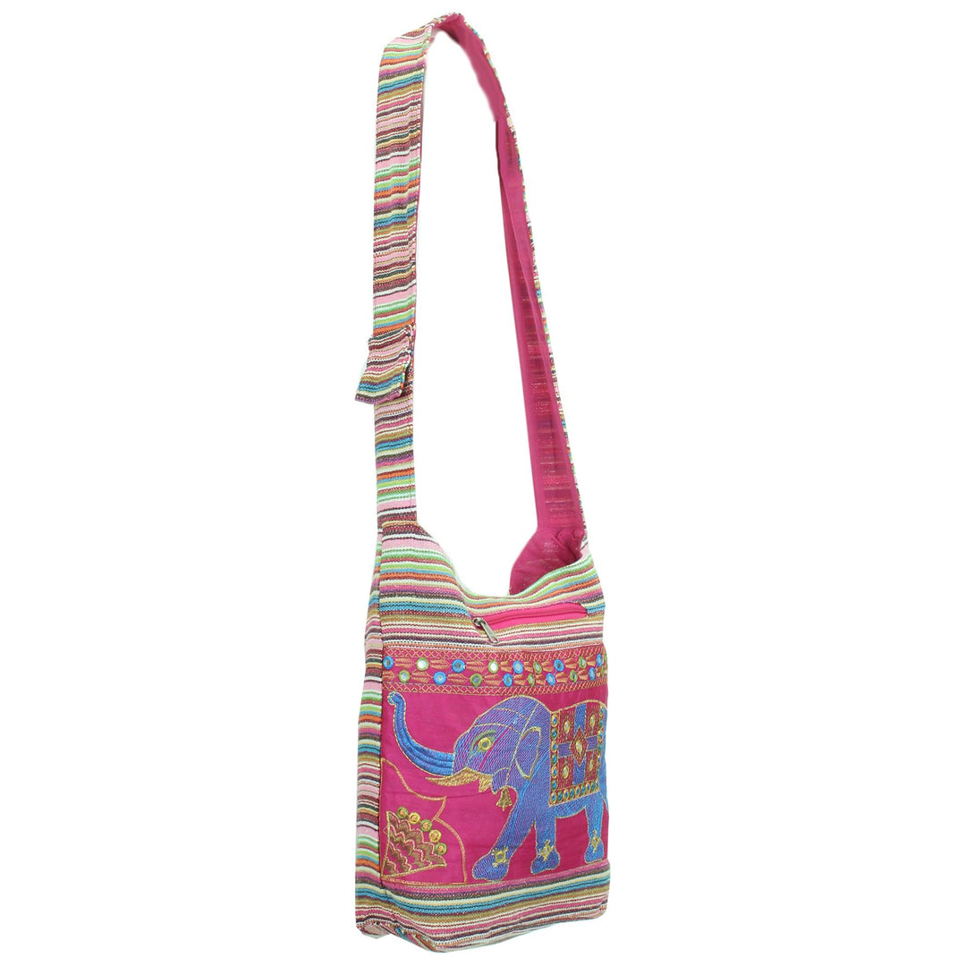 Embroidered Elephant Canvas Sling Shoulder Bag - Pink