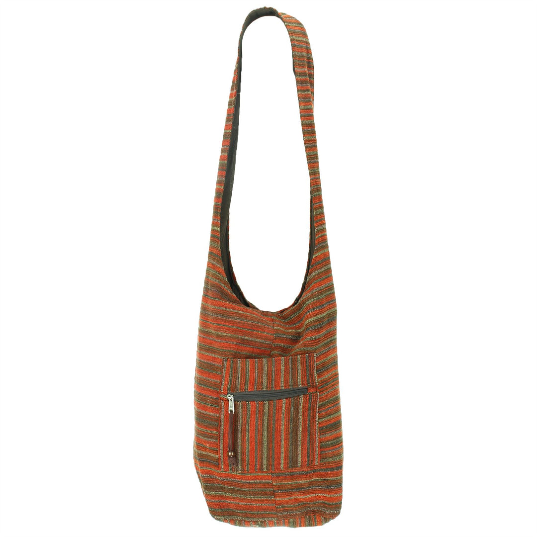 Striped Chenille Sling Shoulder Bag - Red Brown
