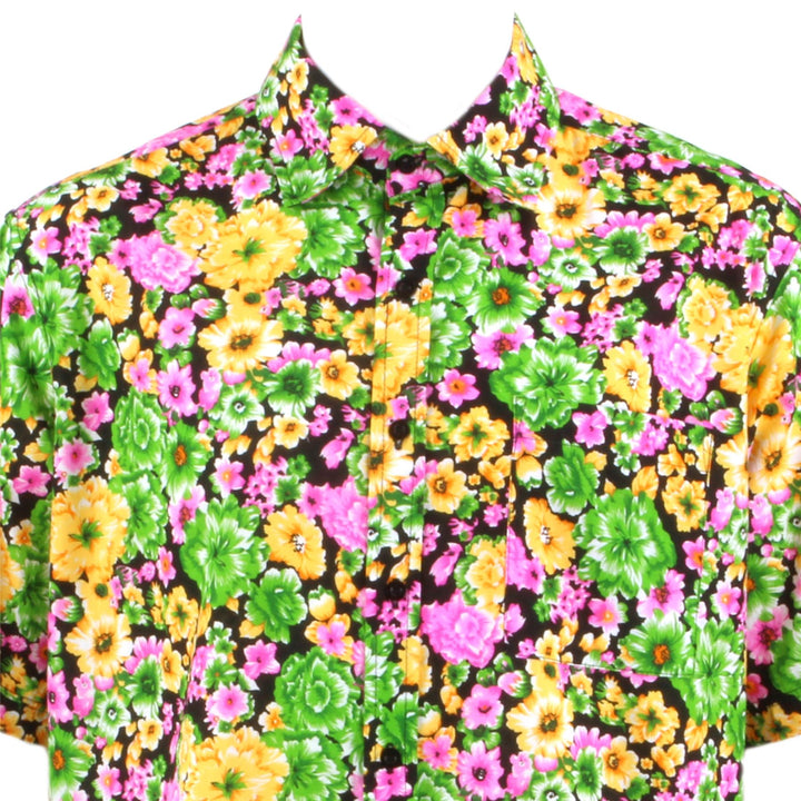 Regular Fit Short Sleeve Shirt - Green Pink & Yellow Floral on Black