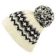 Hand Knitted Wool Beanie Bobble Hat - Fairisle Black